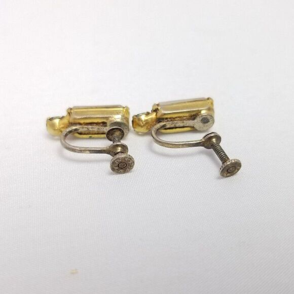 Vintage Sterling Silver Rectangle Rhinestone Clip On Screw Back Earrings, Gold - Picture 4 of 8